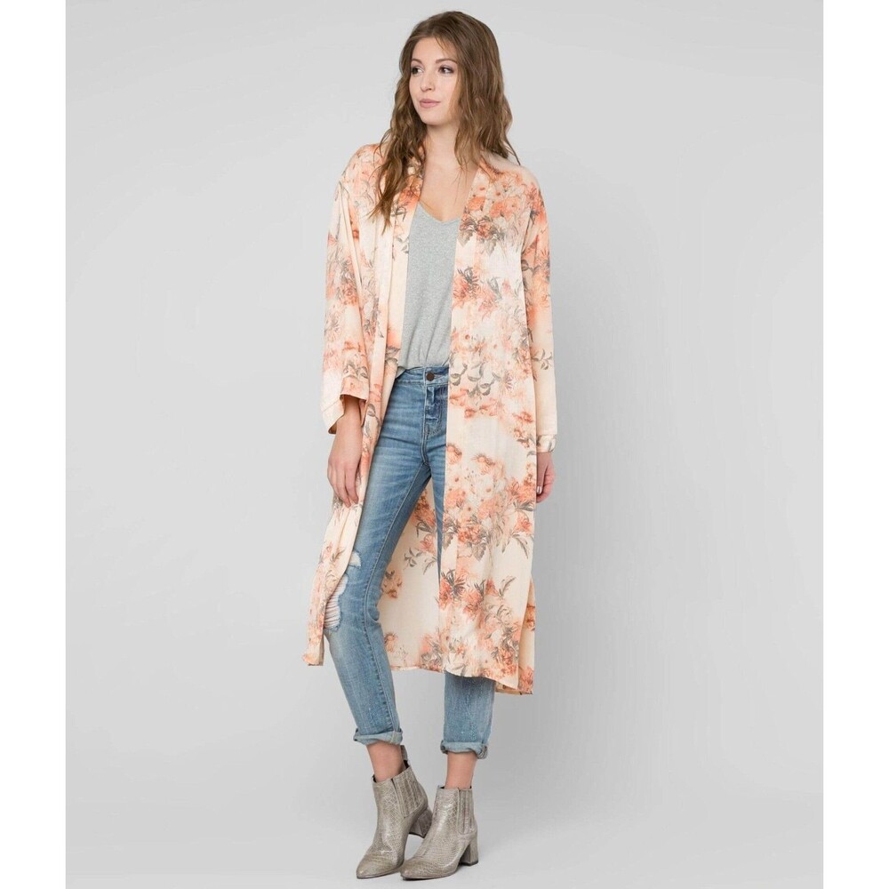 Gimmicks BKE Floral Kimono Duster Cardigan Large Coral Pink Open Front Side Slit